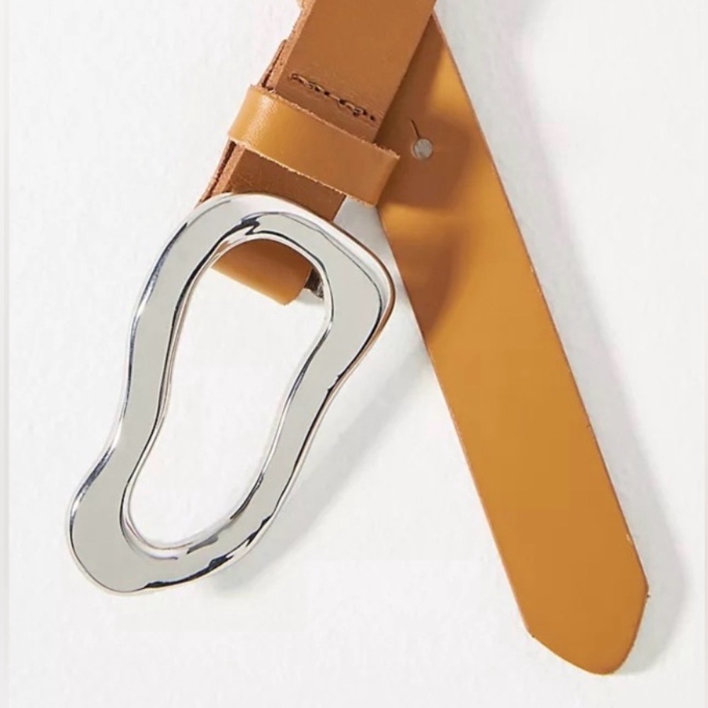 Anthropologie Linea Pelle Sculptural Buckle Leather Belt Honey Silver Size Large - Picture 4 of 10